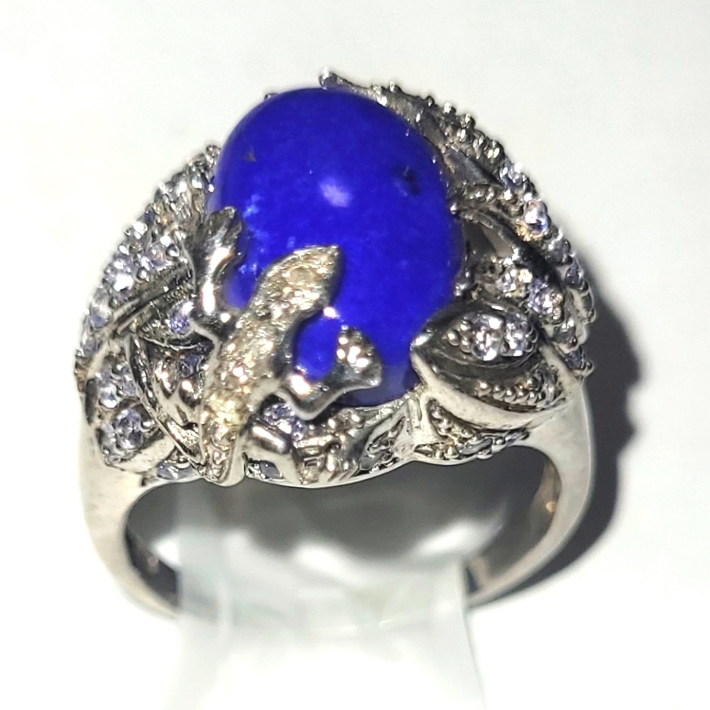 Ring Lapis Lazuli Sterling Silver Lizard Amethyst And Diamond Pave sz 10